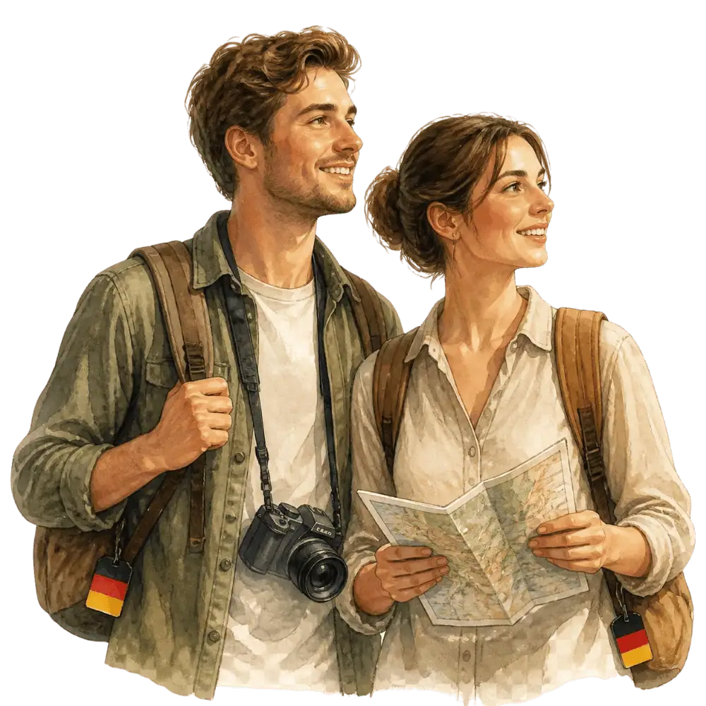 Travellers with backpacks, a camera and a flag tag representing travel from Germany to Canada