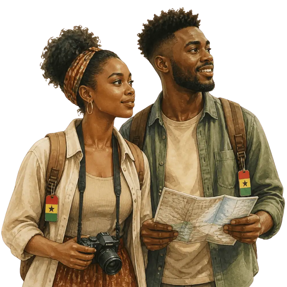 Travellers with backpacks, a camera and a flag tag representing travel from Ghana to Canada