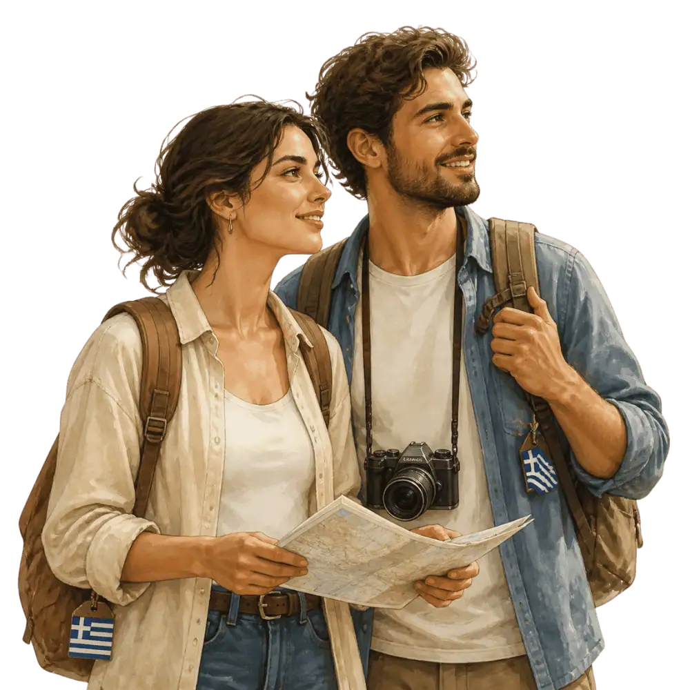 Travellers with backpacks, a camera and a flag tag representing travel from Greece to Canada