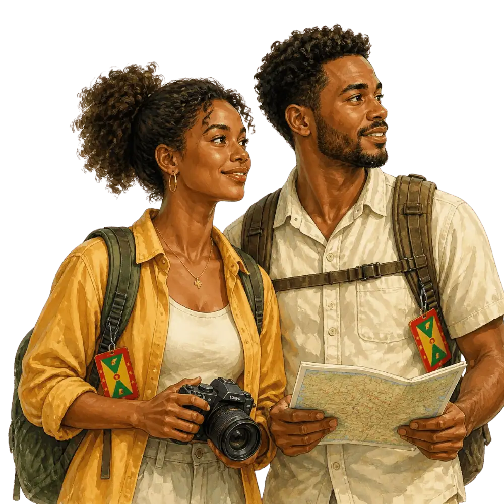 Travellers with backpacks, a camera and a flag tag representing travel from Grenada to Canada