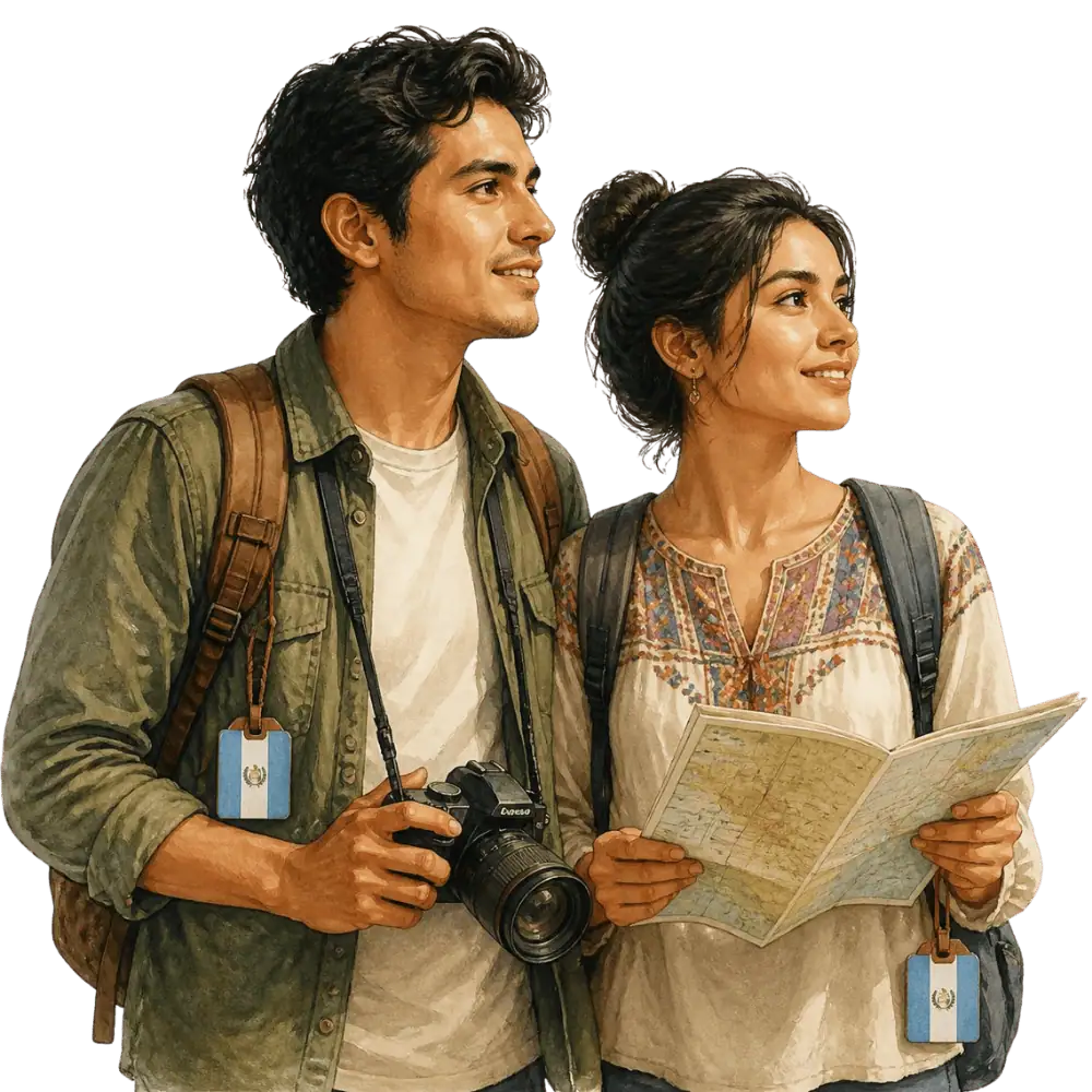 Travellers with backpacks, a camera and a flag tag representing travel from Guatemala to Canada