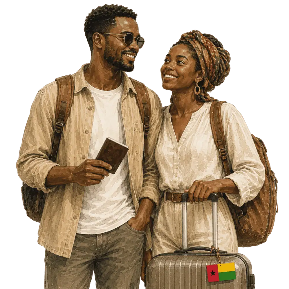 Travellers with backpacks, a camera and a flag tag representing travel from Guinea-Bissau to Canada