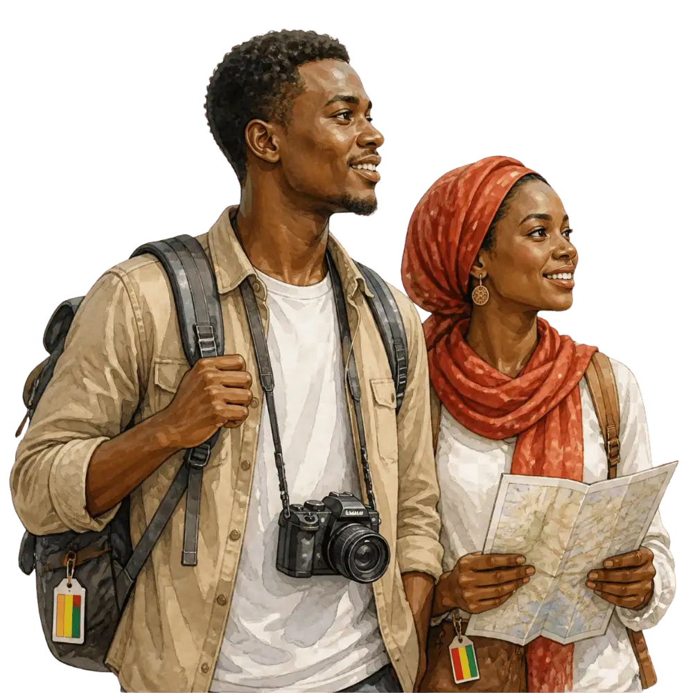 Travellers with backpacks, a camera and a flag tag representing travel from Guinea to Canada