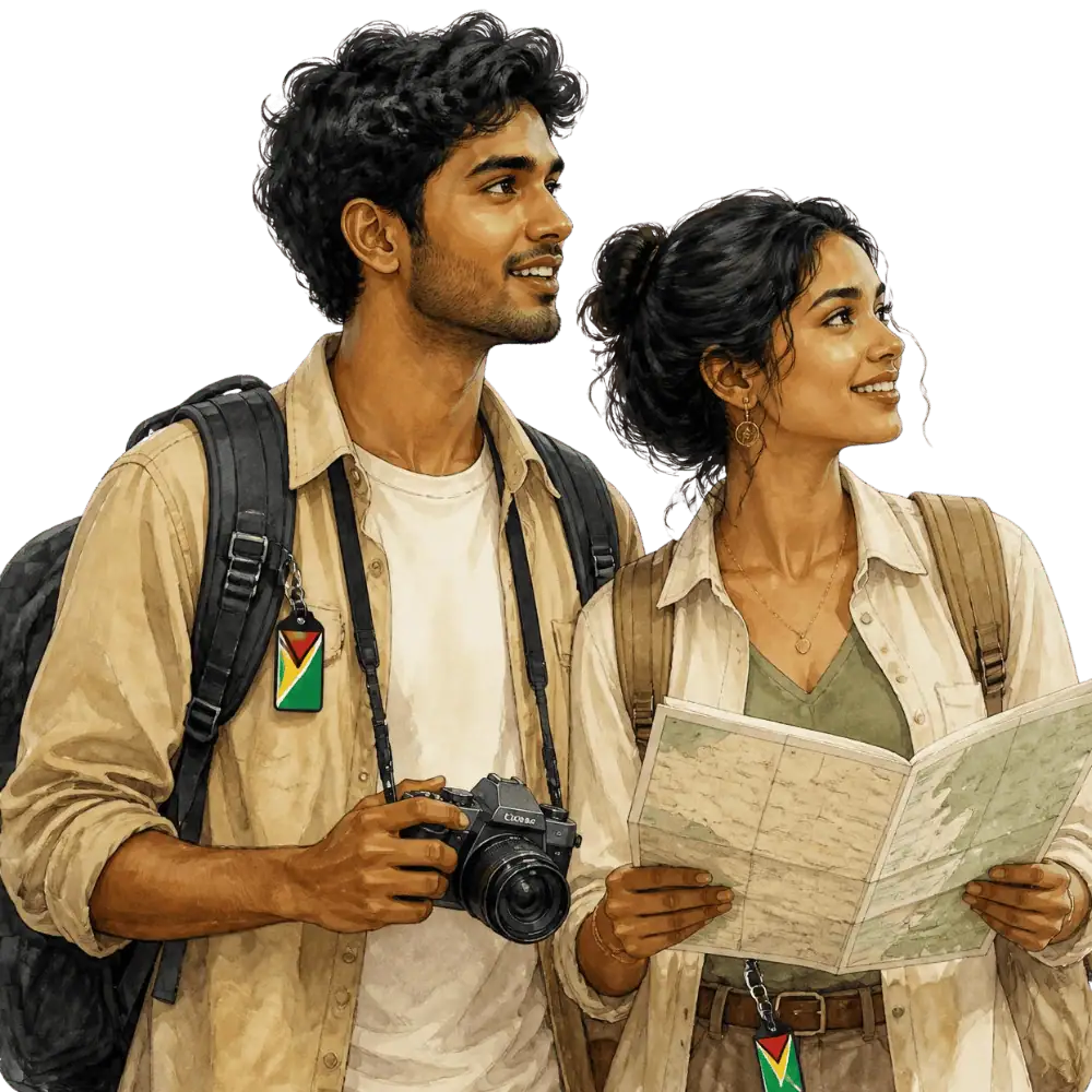 Travellers with backpacks, a camera and a flag tag representing travel from Guyana to Canada