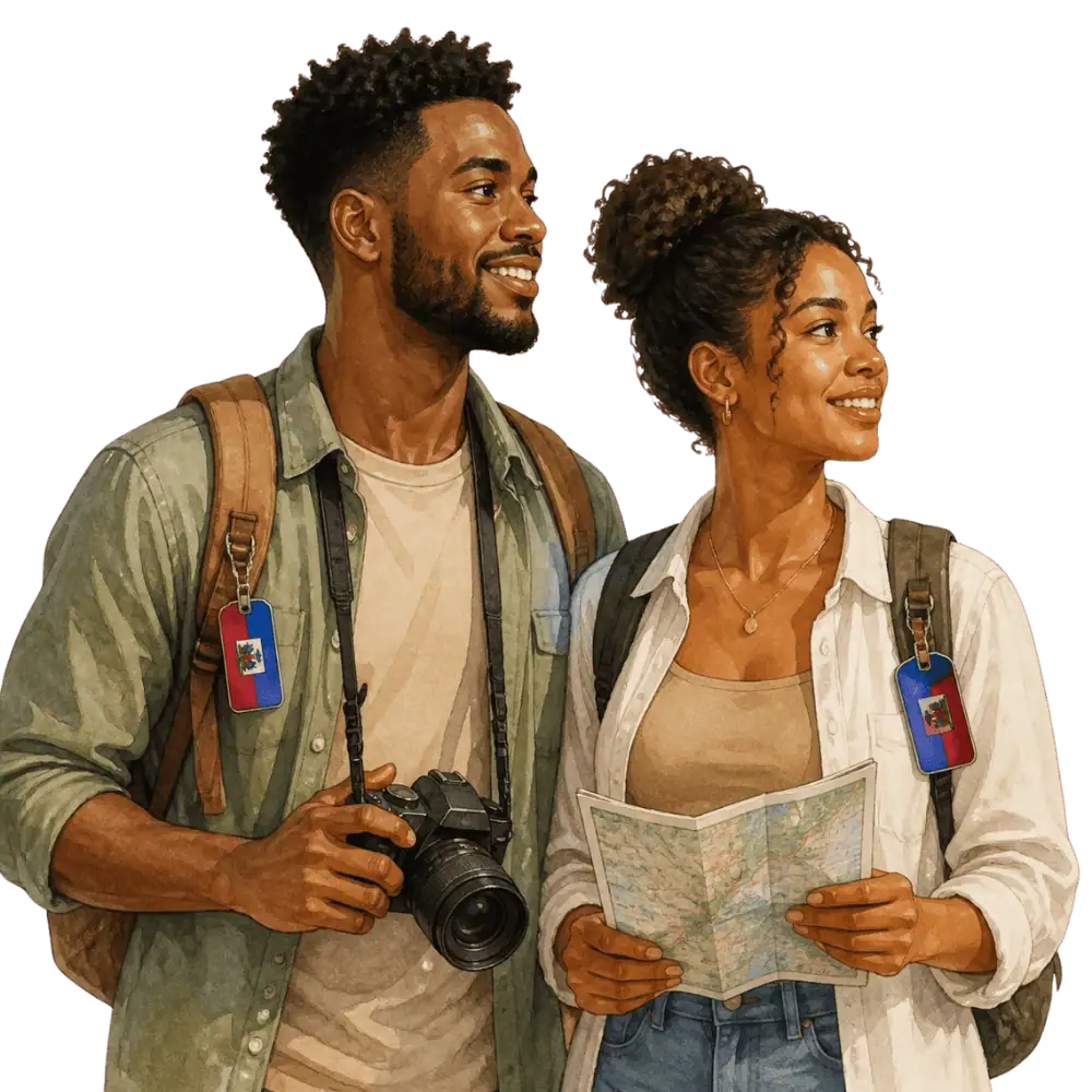 Travellers with backpacks, a camera and a flag tag representing travel from Haiti to Canada