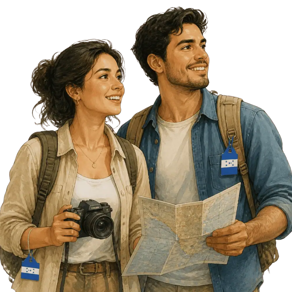 Travellers with backpacks, a camera and a flag tag representing travel from Honduras to Canada