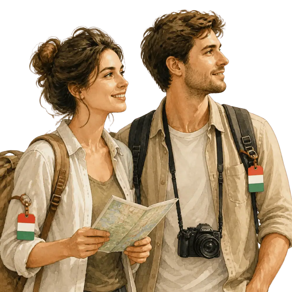 Travellers with backpacks, a camera and a flag tag representing travel from Hungary to Canada