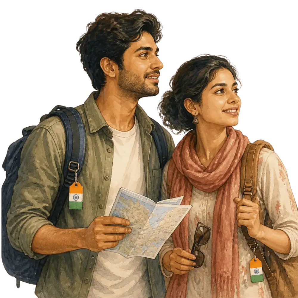 Travellers with backpacks, a camera and a flag tag representing travel from India to Canada
