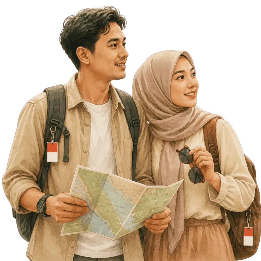Travellers with backpacks, a camera and a flag tag representing travel from Indonesia to Canada
