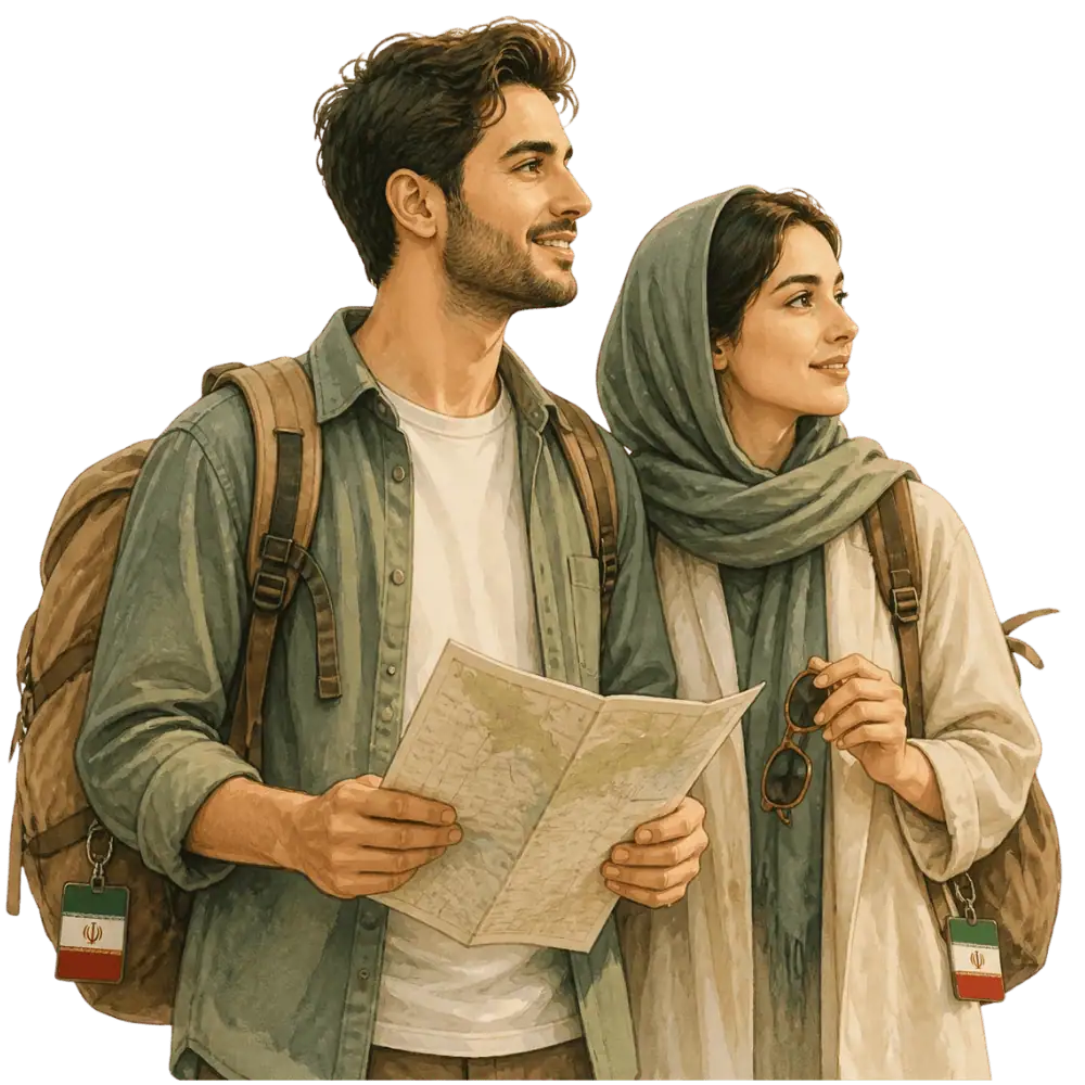 Travellers with backpacks, a camera and a flag tag representing travel from Iran to Canada