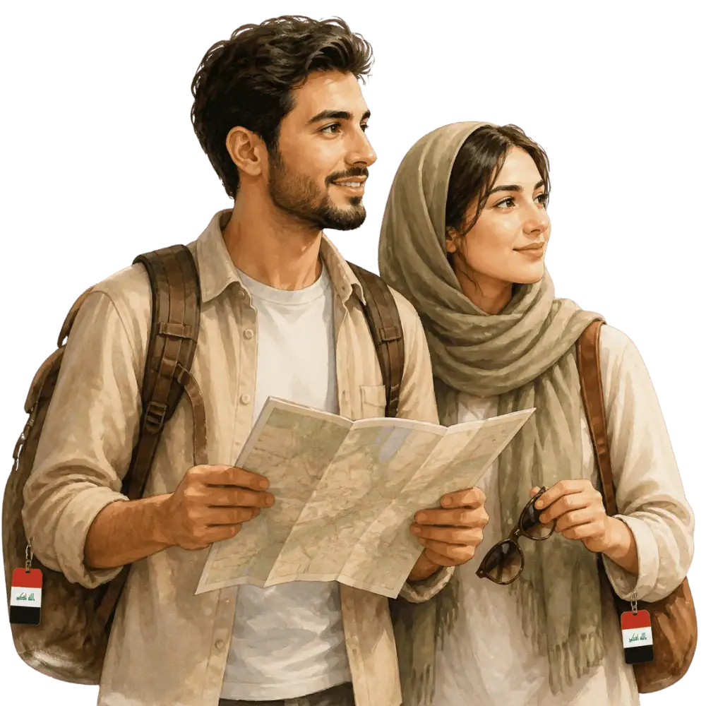 Travellers with backpacks, a camera and a flag tag representing travel from Iraq to Canada