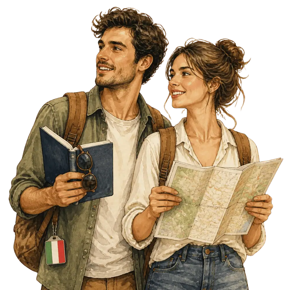 Travellers with backpacks, a camera and a flag tag representing travel from Italy to Canada