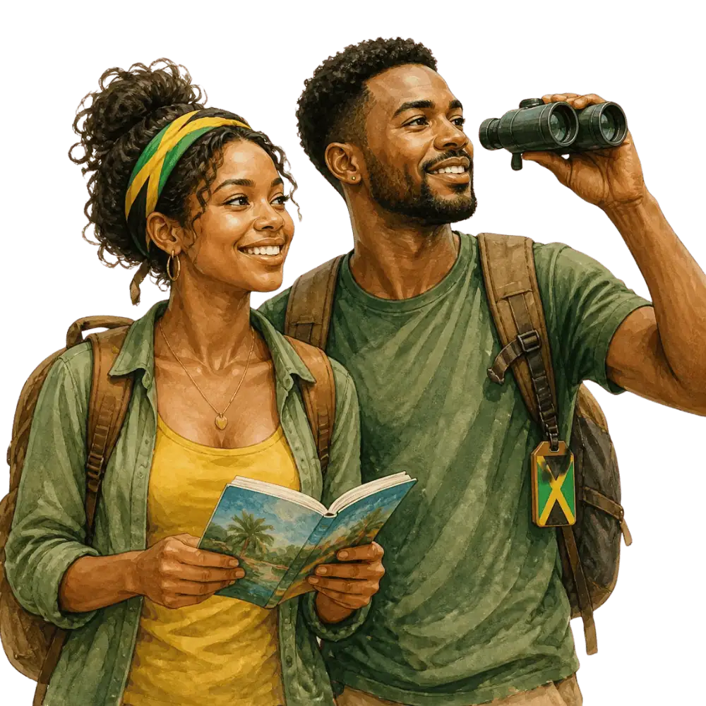 Travellers with backpacks, a camera and a flag tag representing travel from Jamaica to Canada