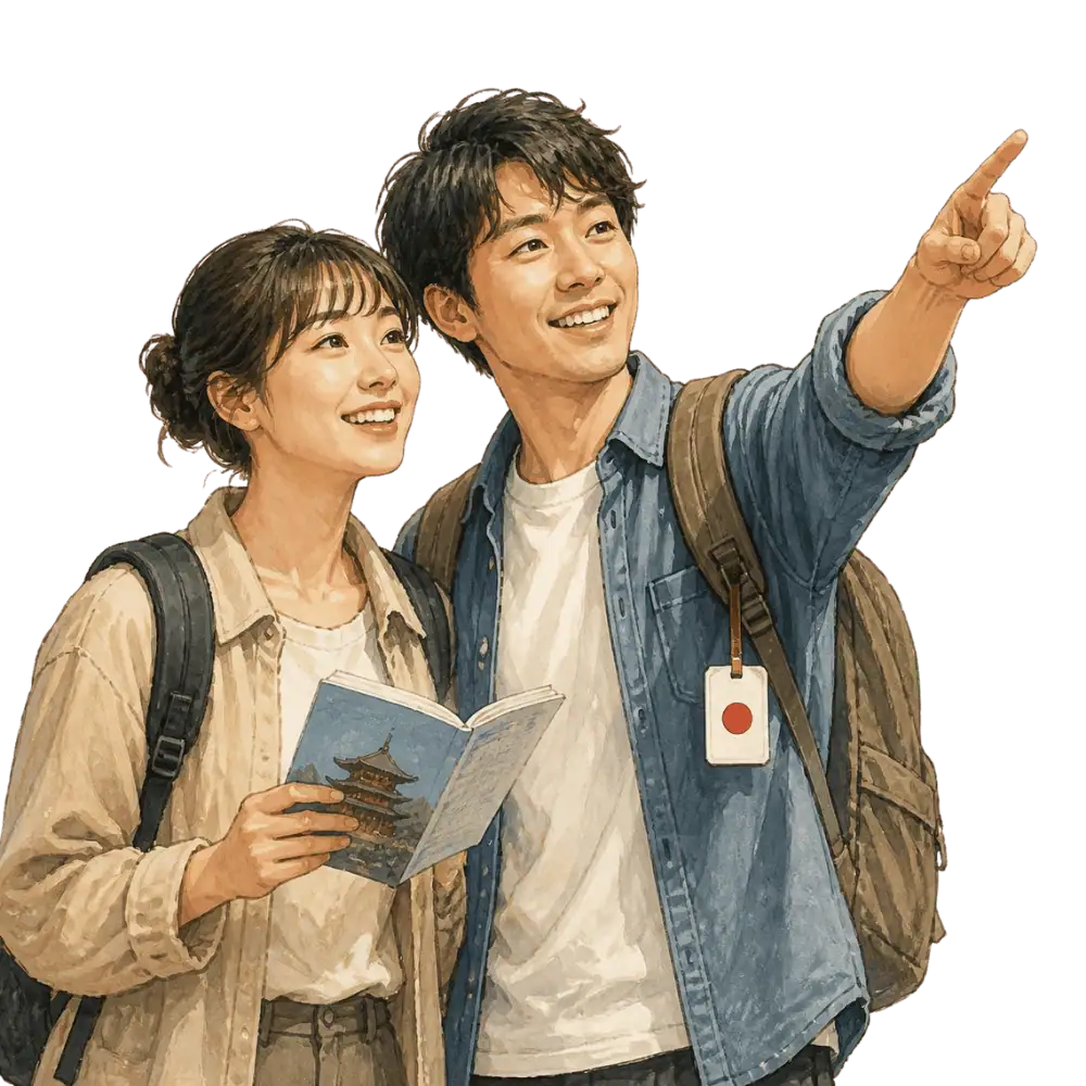 Travellers with backpacks, a camera and a flag tag representing travel from Japan to Canada
