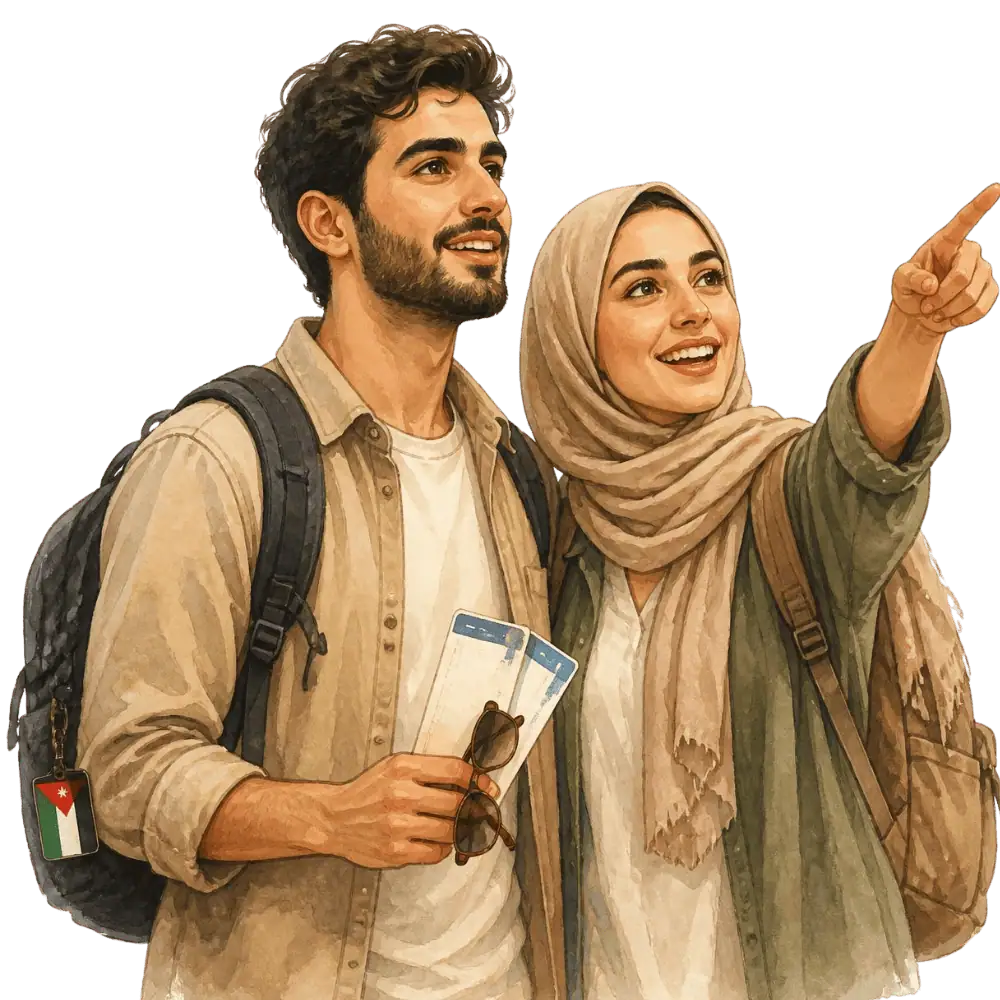 Travellers with backpacks, a camera and a flag tag representing travel from Jordan to Canada