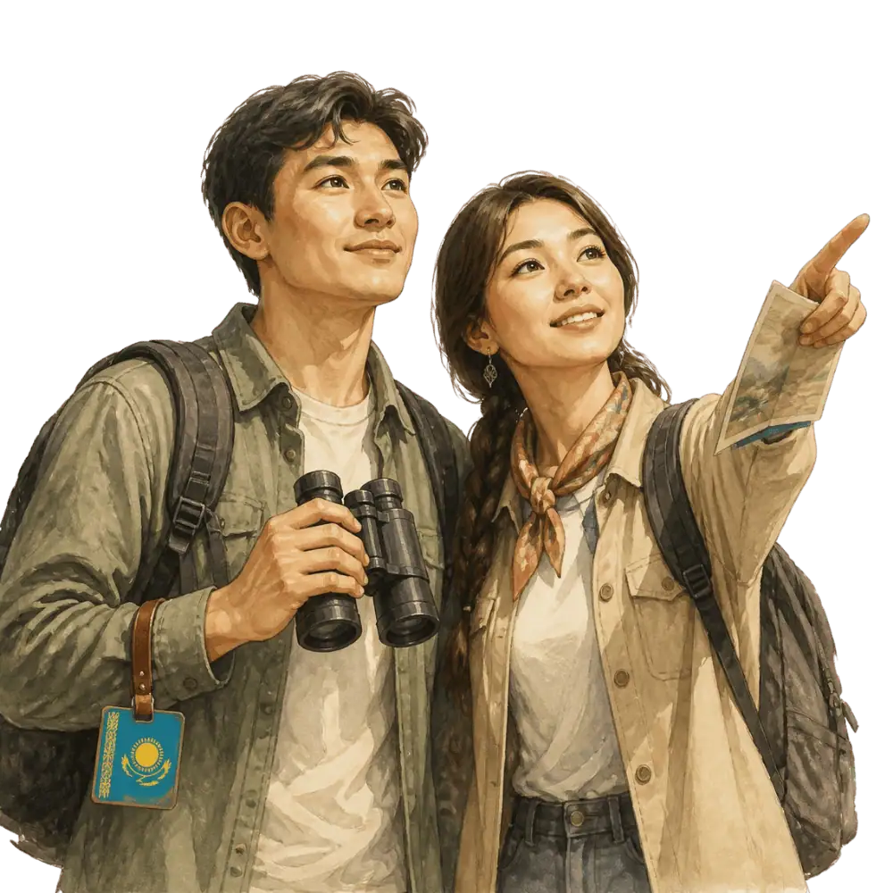 Travellers with backpacks, a camera and a flag tag representing travel from Kazakhstan to Canada
