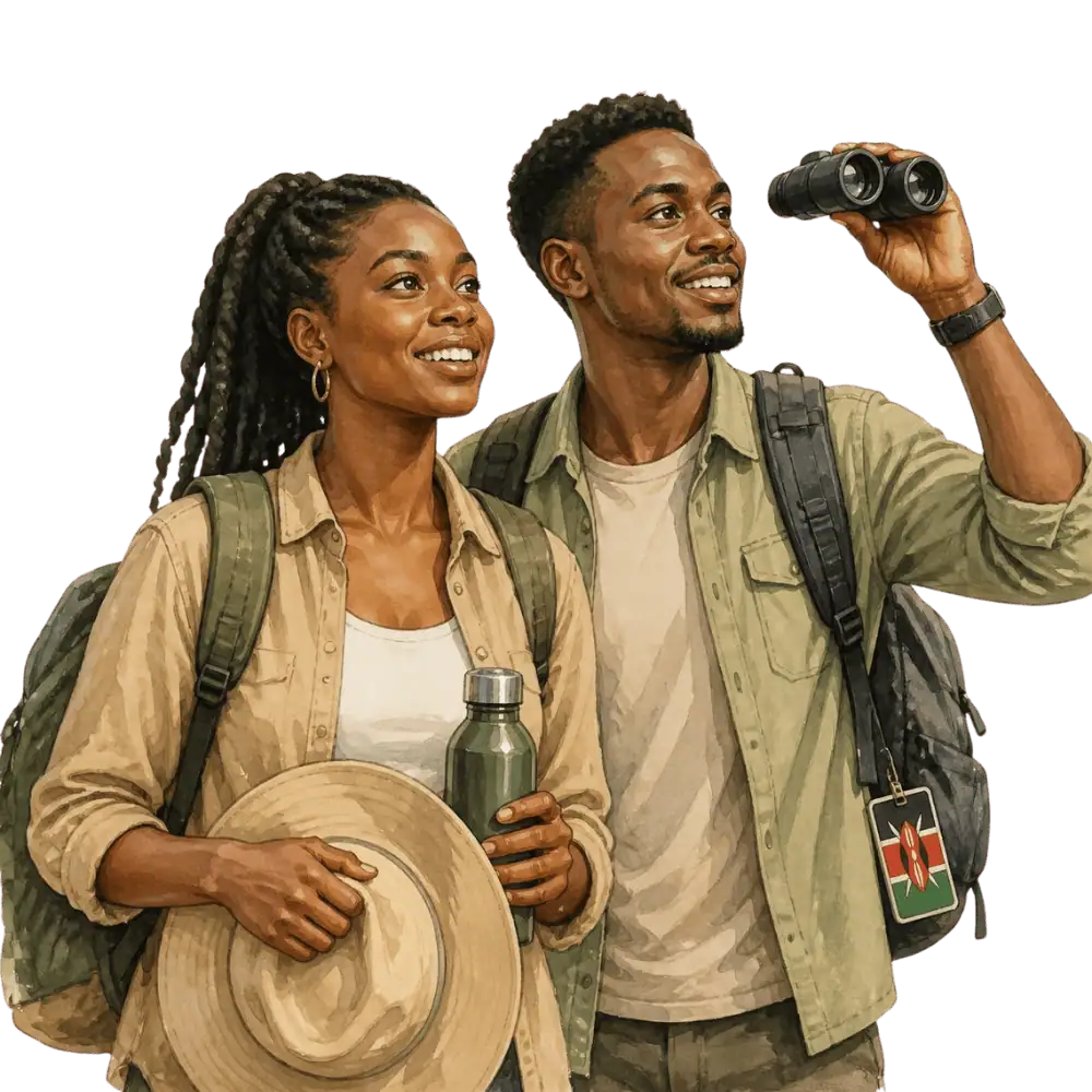 Travellers with backpacks, a camera and a flag tag representing travel from Kenya to Canada
