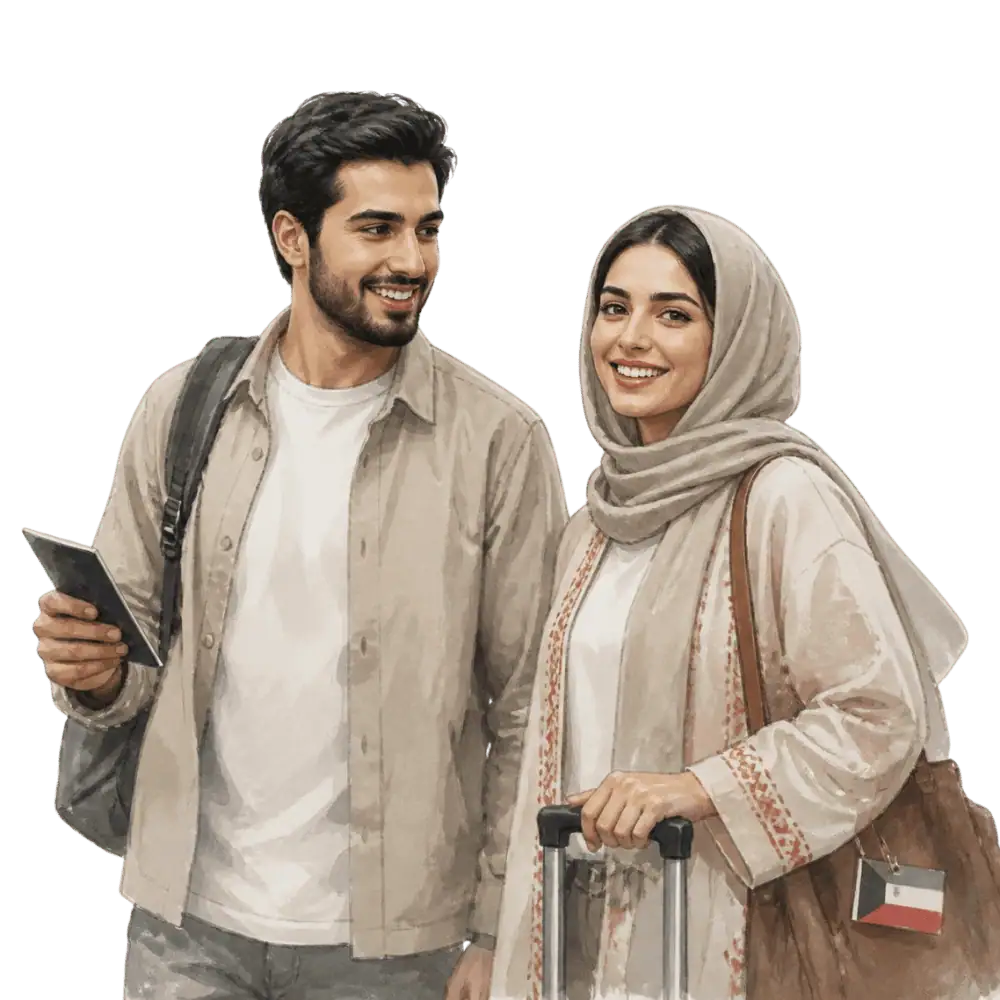Travellers with backpacks, a camera and a flag tag representing travel from Kuwait to Canada