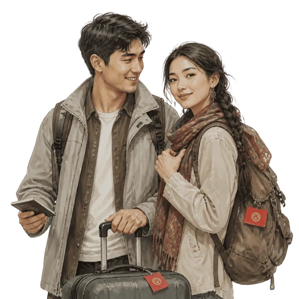 Travellers with backpacks, a camera and a flag tag representing travel from Kyrgyzstan to Canada