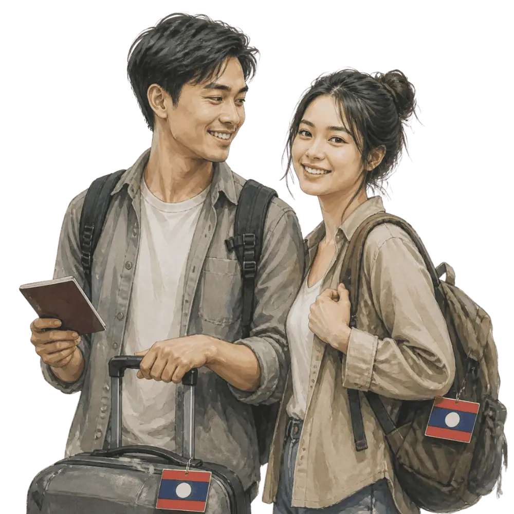 Travellers with backpacks, a camera and a flag tag representing travel from Laos to Canada