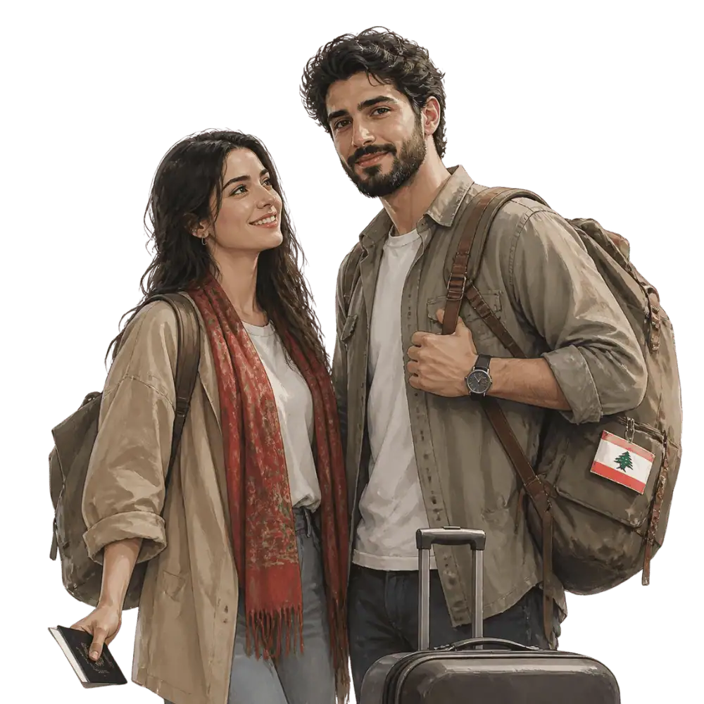 Travellers with backpacks, a camera and a flag tag representing travel from Lebanon to Canada