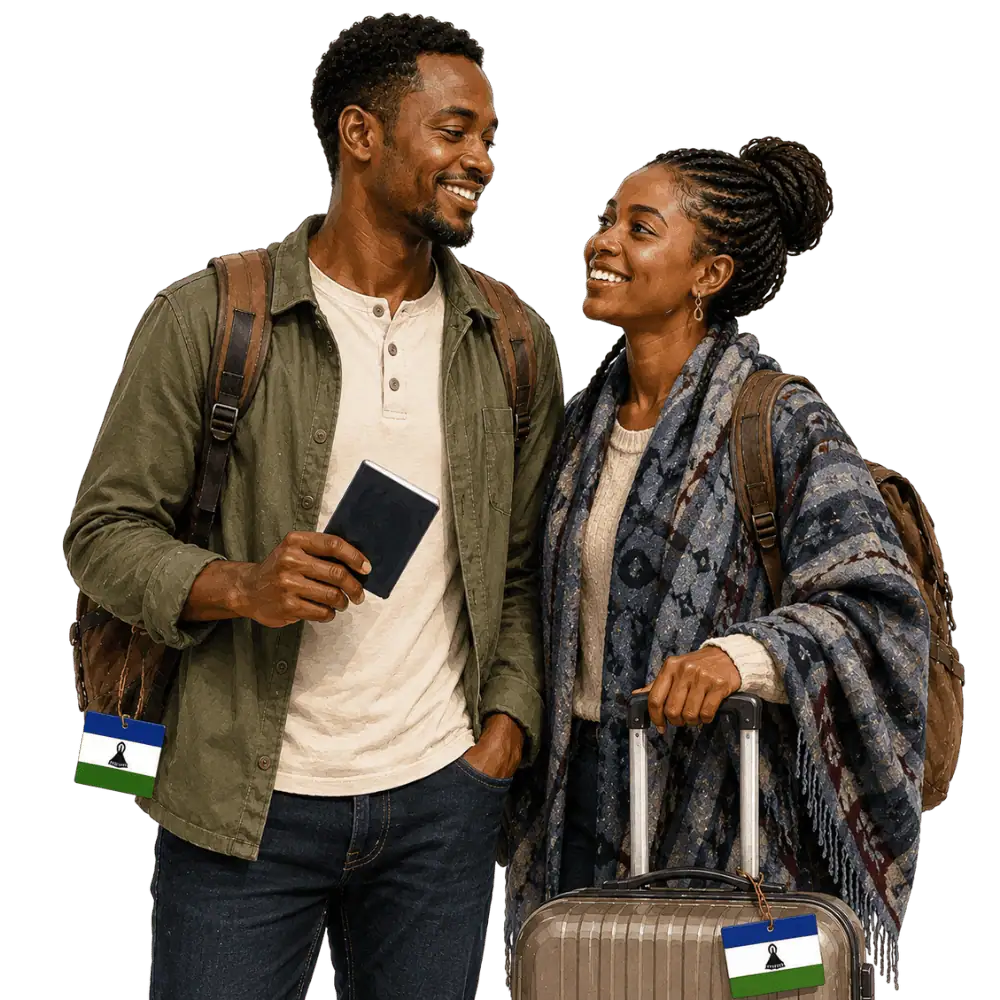 Travellers with backpacks, a camera and a flag tag representing travel from Lesotho to Canada