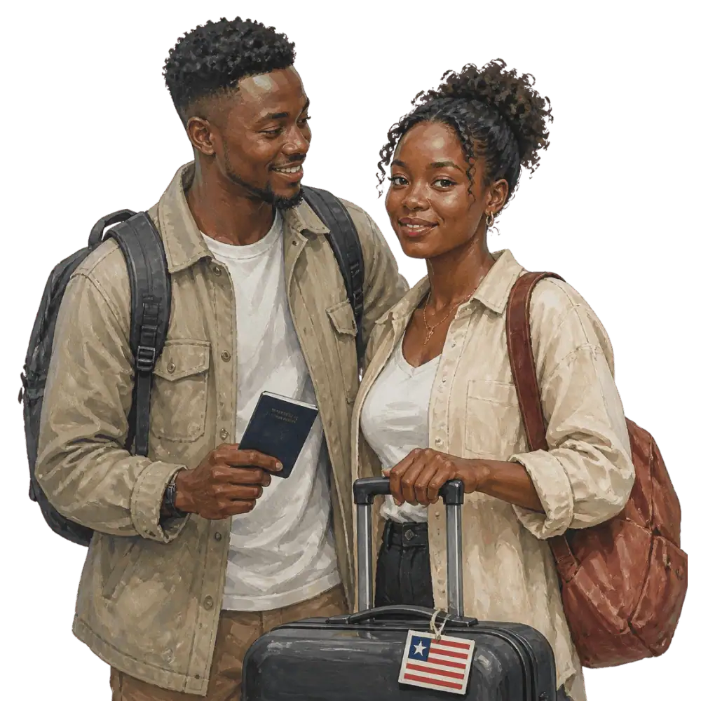 Travellers with backpacks, a camera and a flag tag representing travel from Liberia to Canada