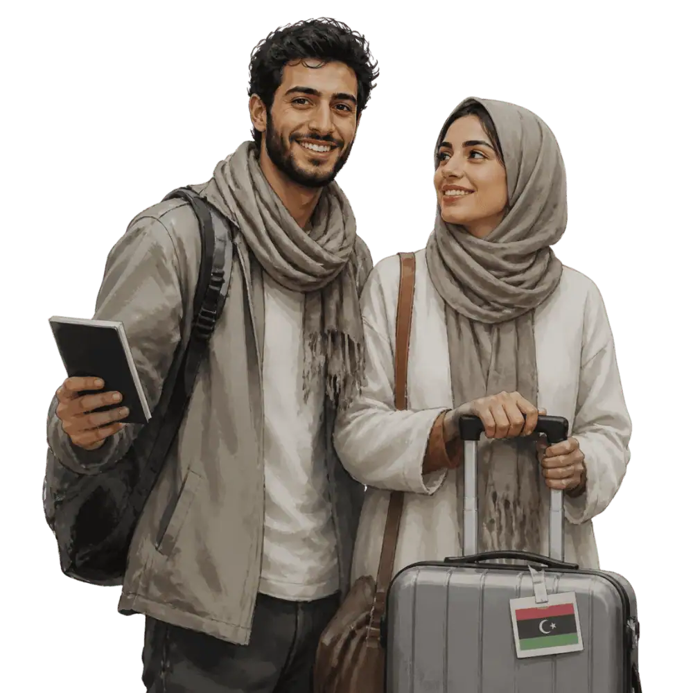 Travellers with backpacks, a camera and a flag tag representing travel from Libya to Canada