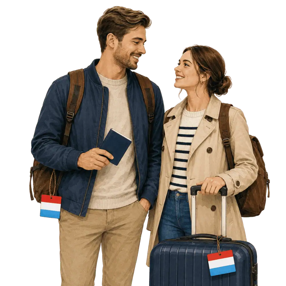 Travellers with backpacks, a camera and a flag tag representing travel from Luxembourg to Canada