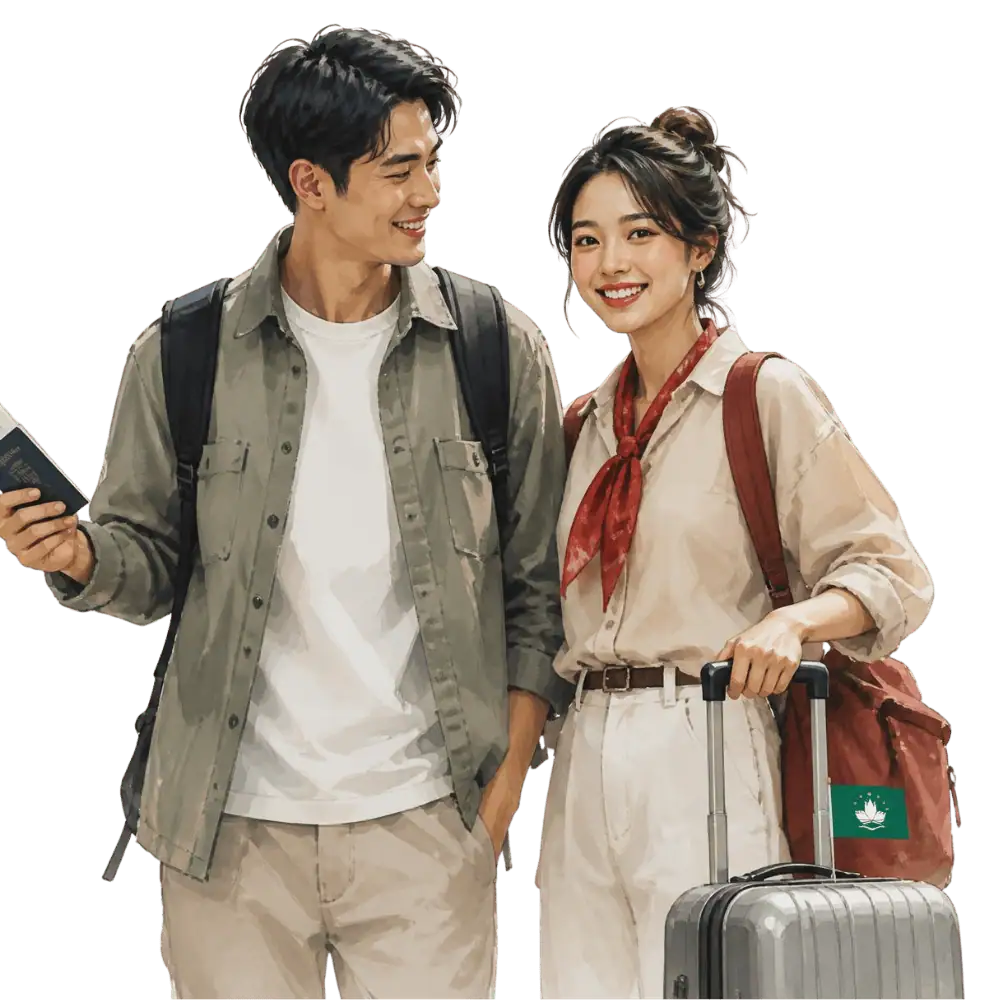 Travellers with backpacks, a camera and a flag tag representing travel from Macau to Canada