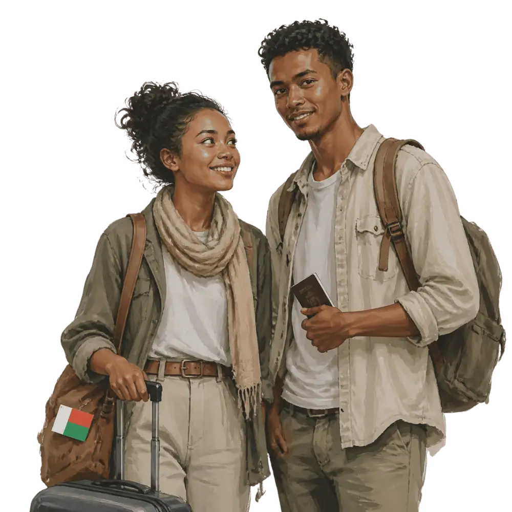 Travellers with backpacks, a camera and a flag tag representing travel from Madagascar to Canada