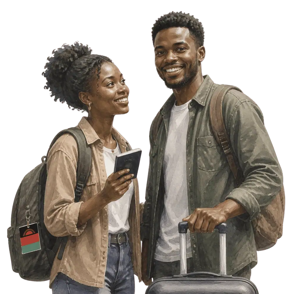 Travellers with backpacks, a camera and a flag tag representing travel from Malawi to Canada