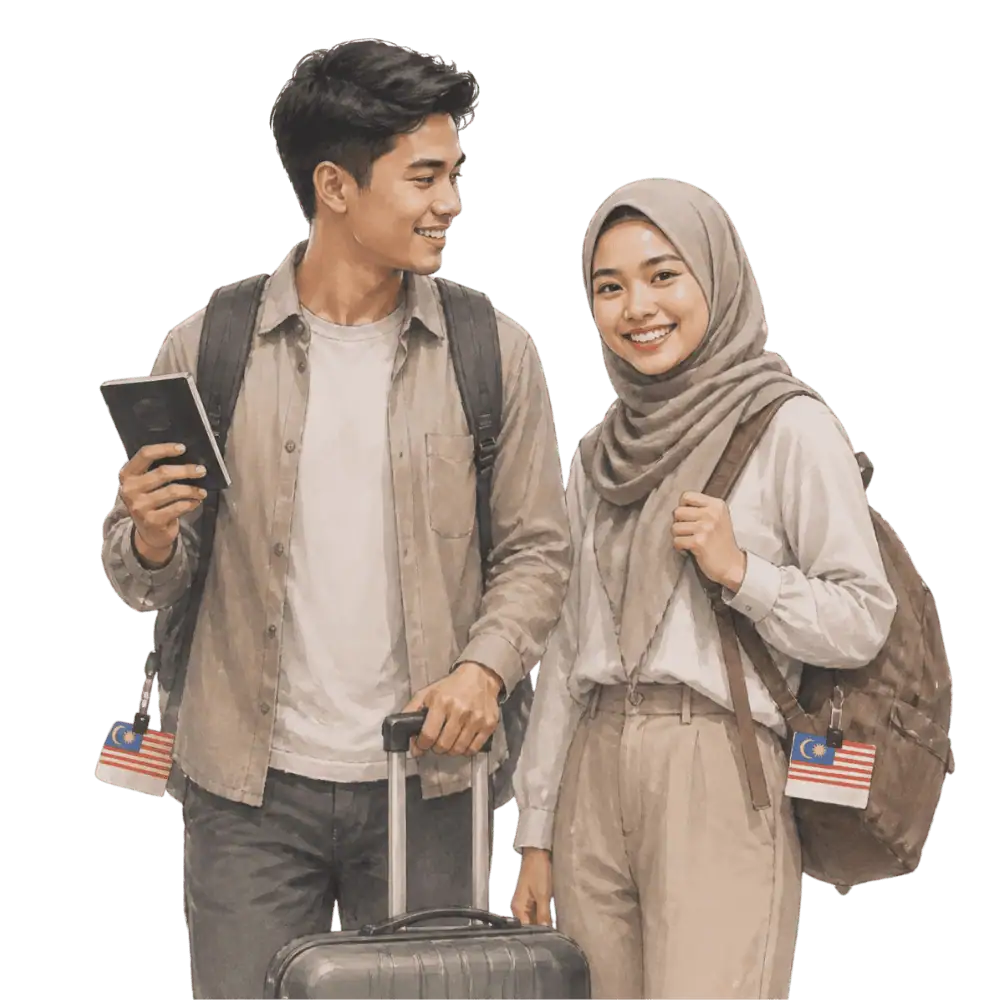 Travellers with backpacks, a camera and a flag tag representing travel from Malaysia to Canada