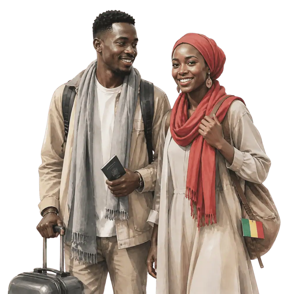 Travellers with backpacks, a camera and a flag tag representing travel from Mali to Canada