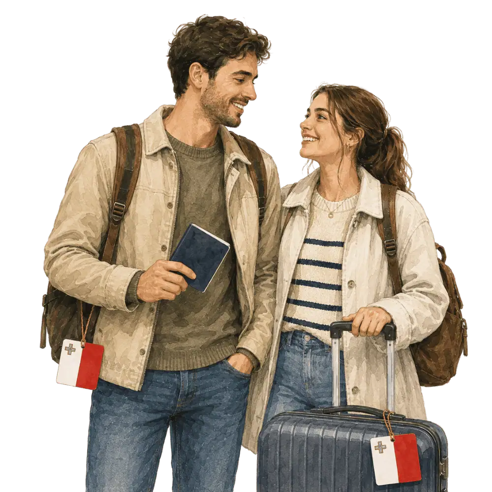Travellers with backpacks, a camera and a flag tag representing travel from Malta to Canada