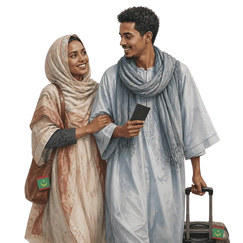 Travellers with backpacks, a camera and a flag tag representing travel from Mauritania to Canada