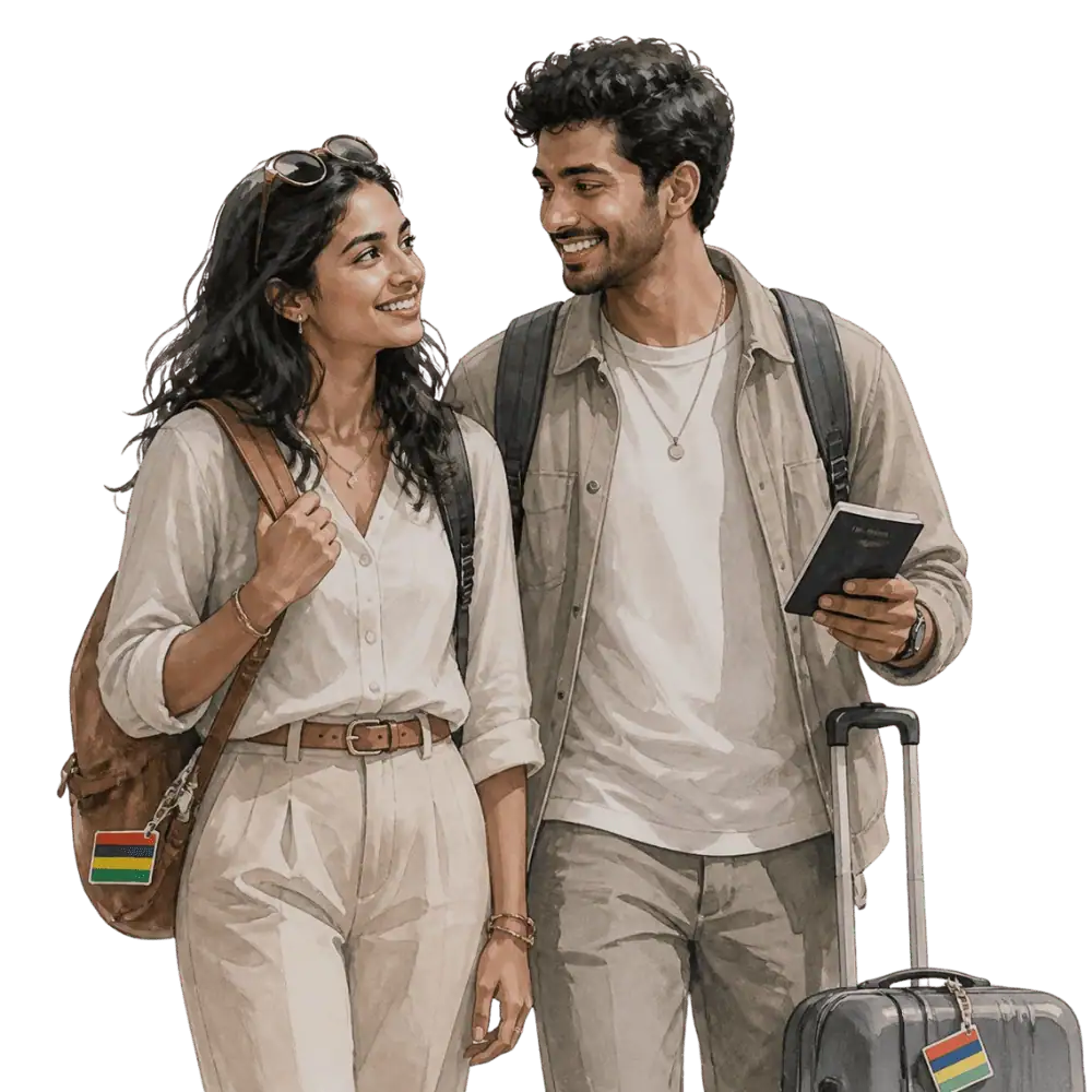 Travellers with backpacks, a camera and a flag tag representing travel from Mauritius to Canada