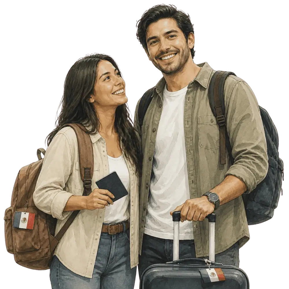 Travellers with backpacks, a camera and a flag tag representing travel from Mexico to Canada