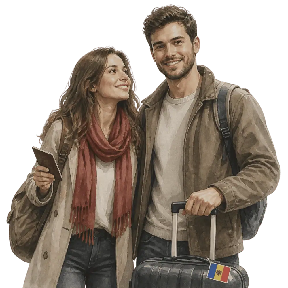 Travellers with backpacks, a camera and a flag tag representing travel from Moldova to Canada