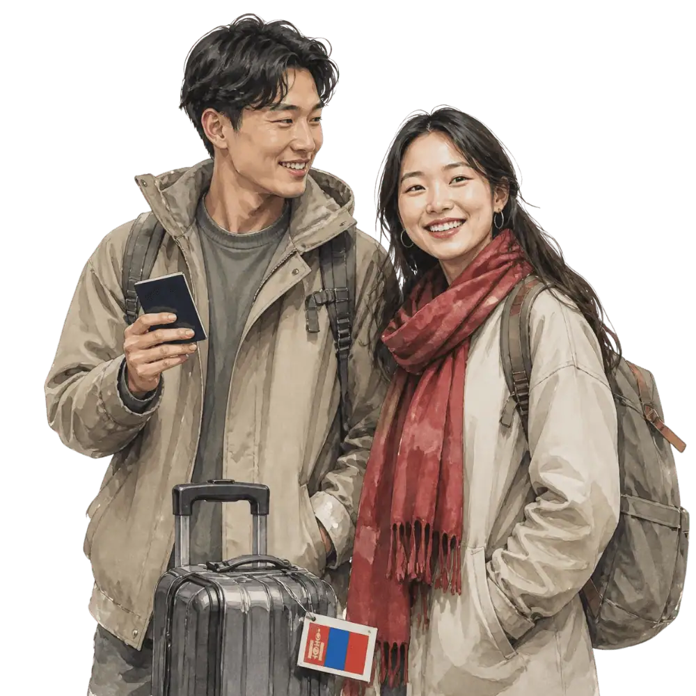 Travellers with backpacks, a camera and a flag tag representing travel from Mongolia to Canada
