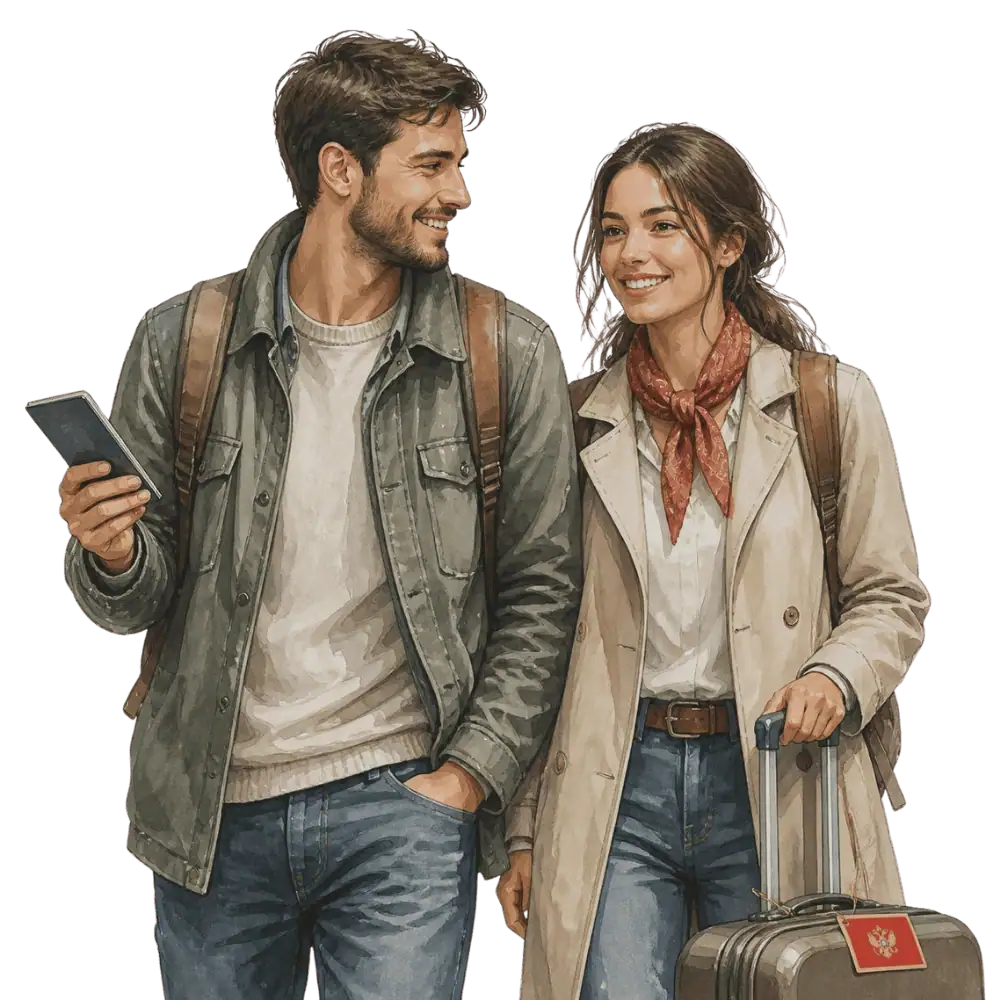 Travellers with backpacks, a camera and a flag tag representing travel from Montenegro to Canada