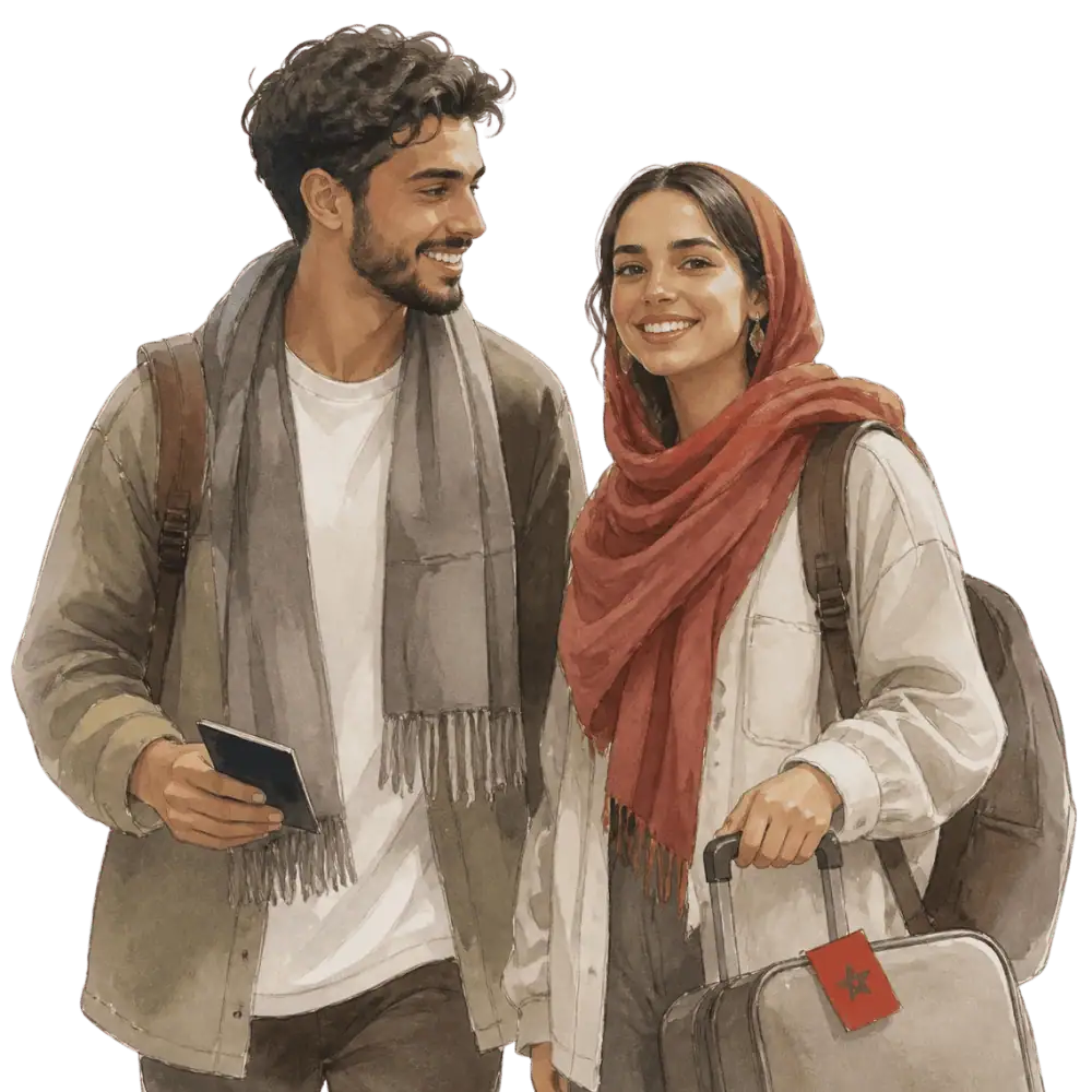 Travellers with backpacks, a camera and a flag tag representing travel from Morocco to Canada