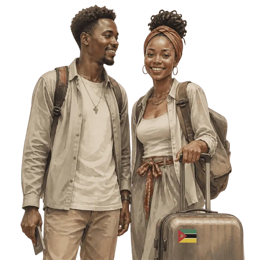 Travellers with backpacks, a camera and a flag tag representing travel from Mozambique to Canada