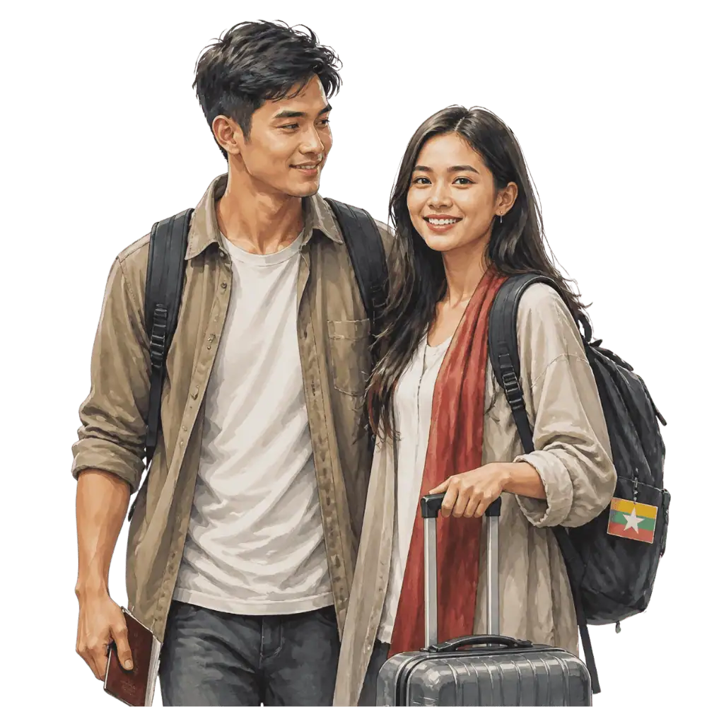 Travellers with backpacks, a camera and a flag tag representing travel from Myanmar to Canada