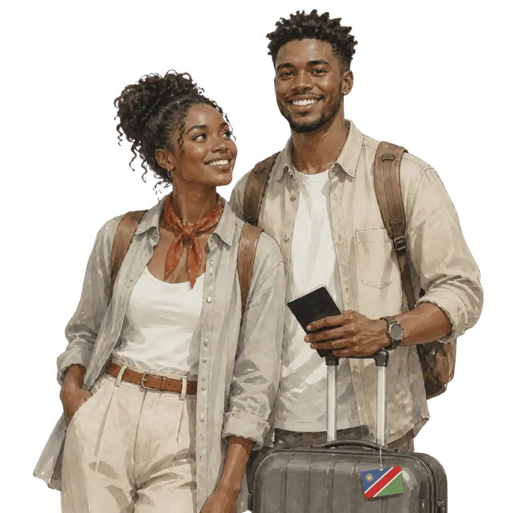 Travellers with backpacks, a camera and a flag tag representing travel from Namibia to Canada