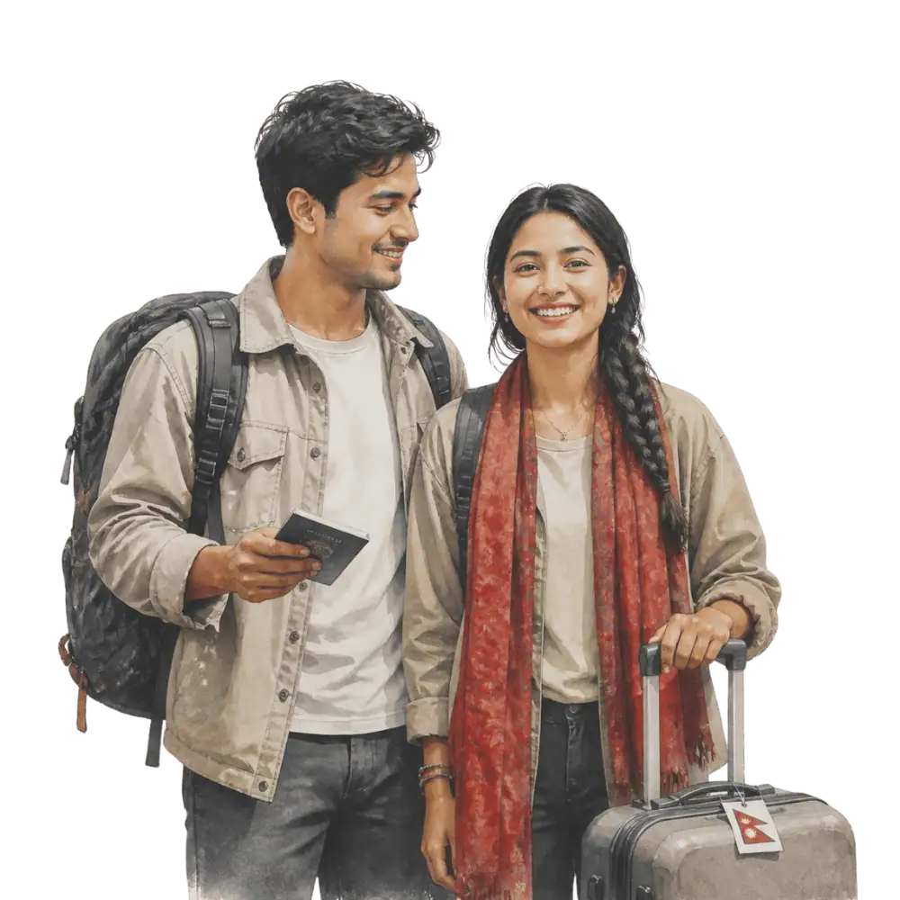 Travellers with backpacks, a camera and a flag tag representing travel from Nepal to Canada