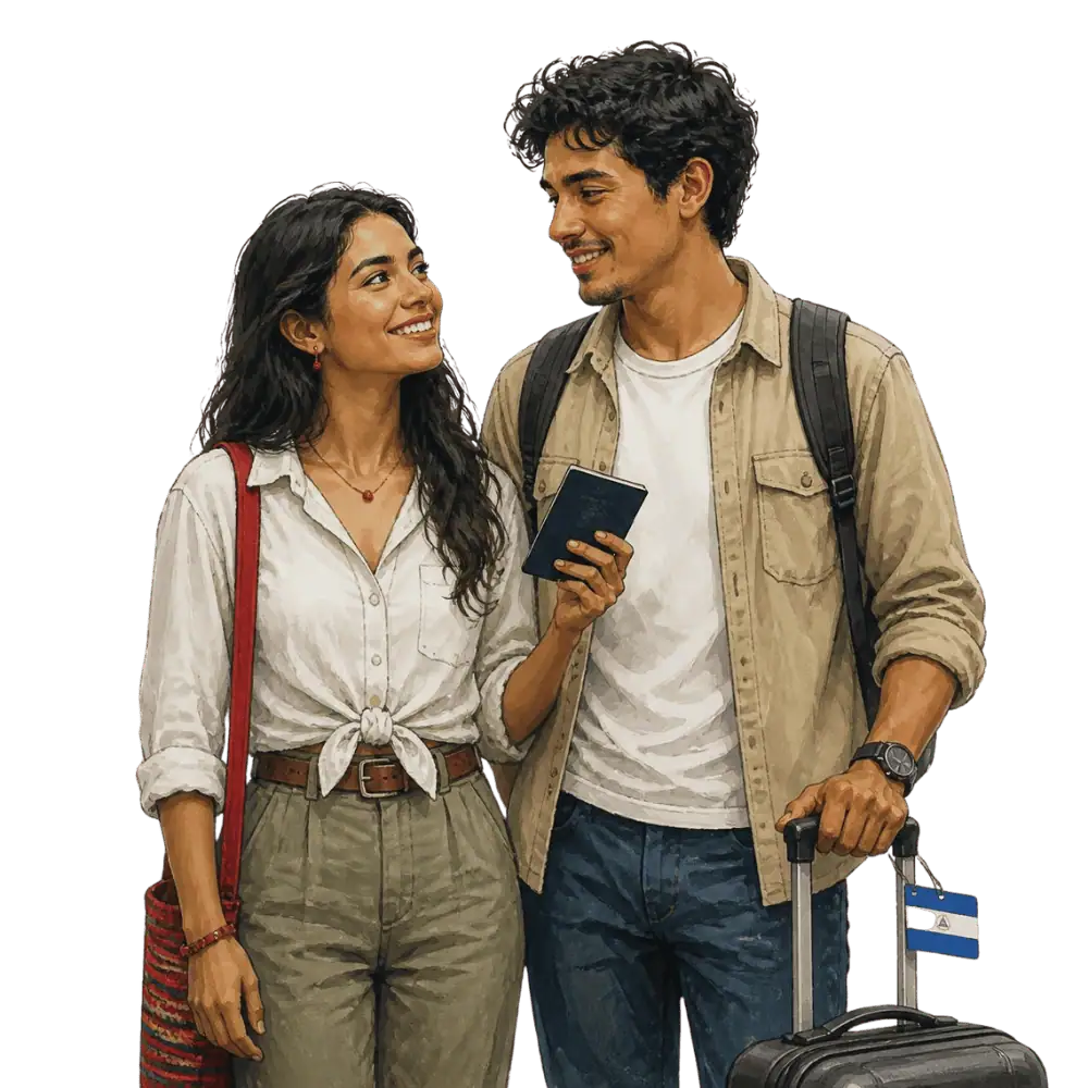 Travellers with backpacks, a camera and a flag tag representing travel from Nicaragua to Canada