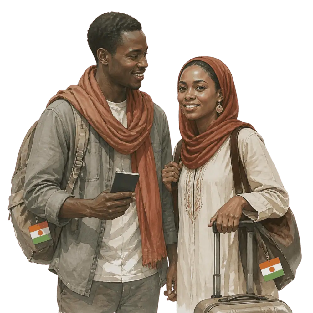 Travellers with backpacks, a camera and a flag tag representing travel from Niger to Canada