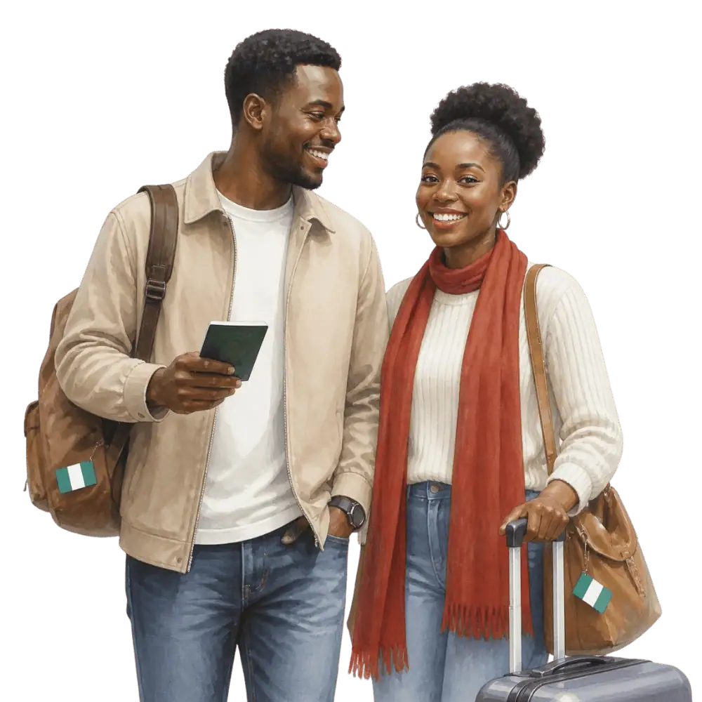 Travellers with backpacks, a camera and a flag tag representing travel from Nigeria to Canada