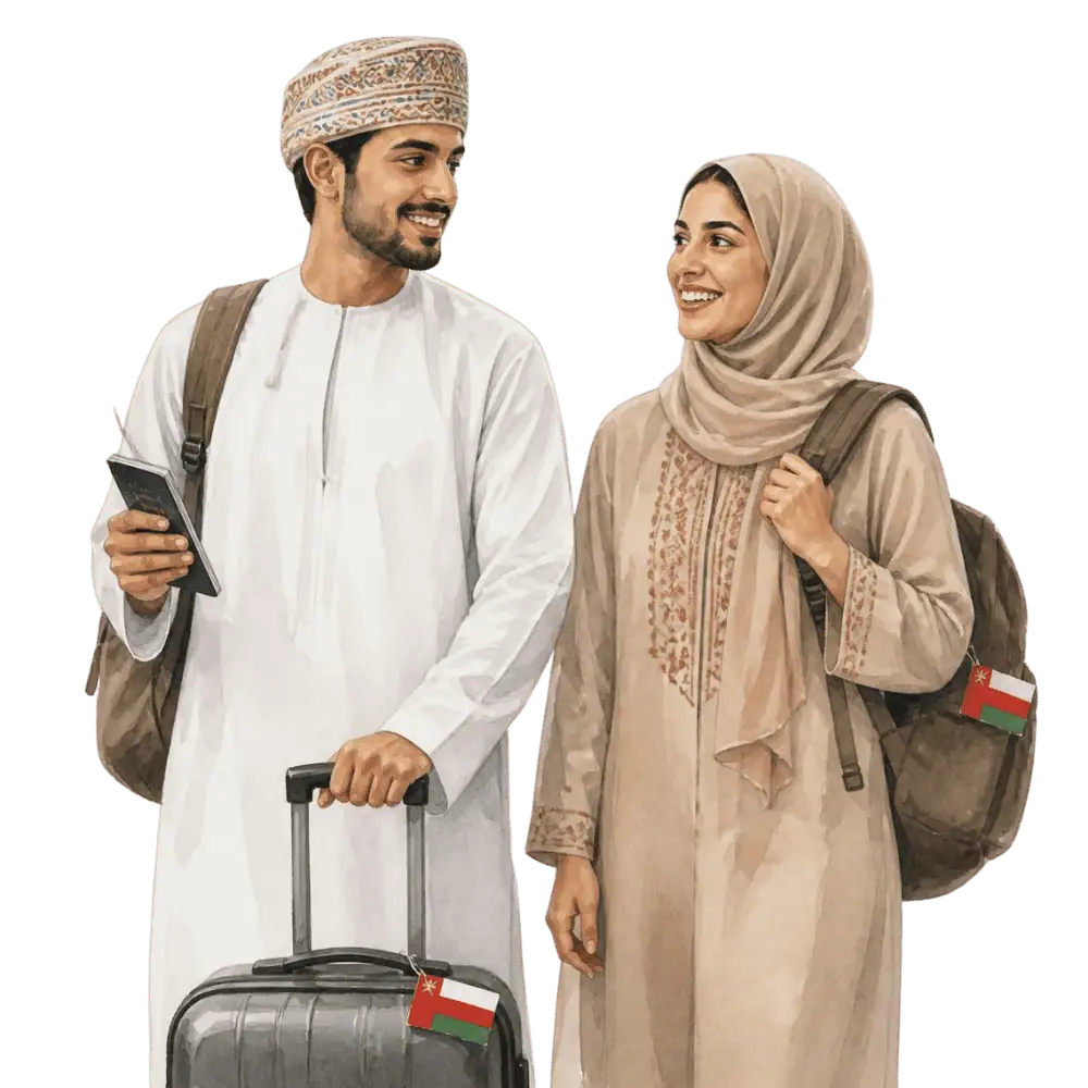 Travellers with backpacks, a camera and a flag tag representing travel from Oman to Canada